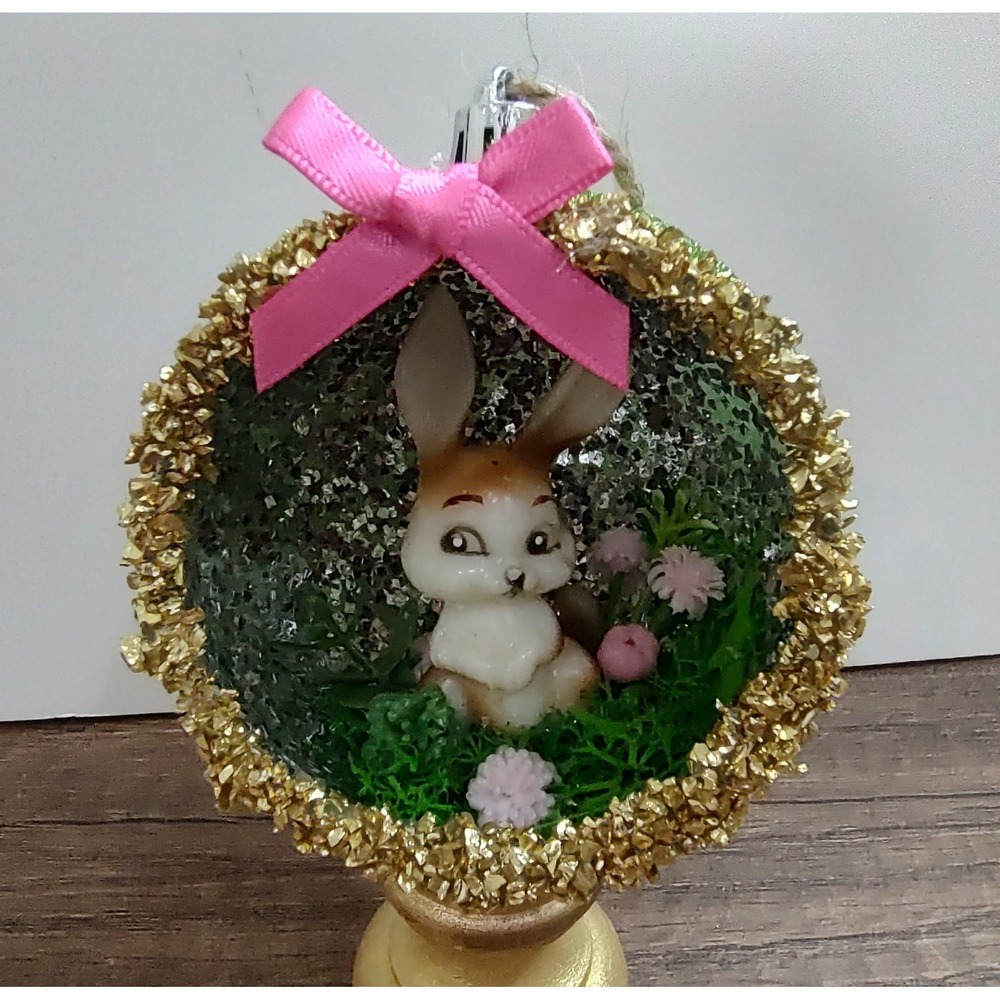 Bunny Rabbit Christmas Ornament Handmade Vtg Style OOAK Shatterproof Diorama